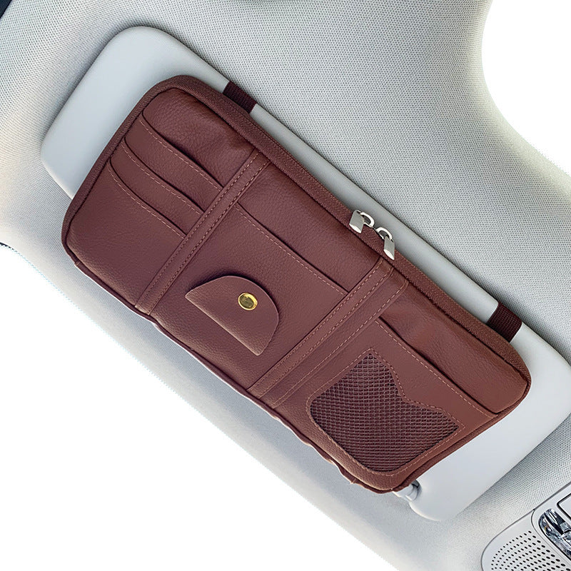 Organizator Parasolar Auto din Piele – Depozitare Acte, Ochelari și Accesorii