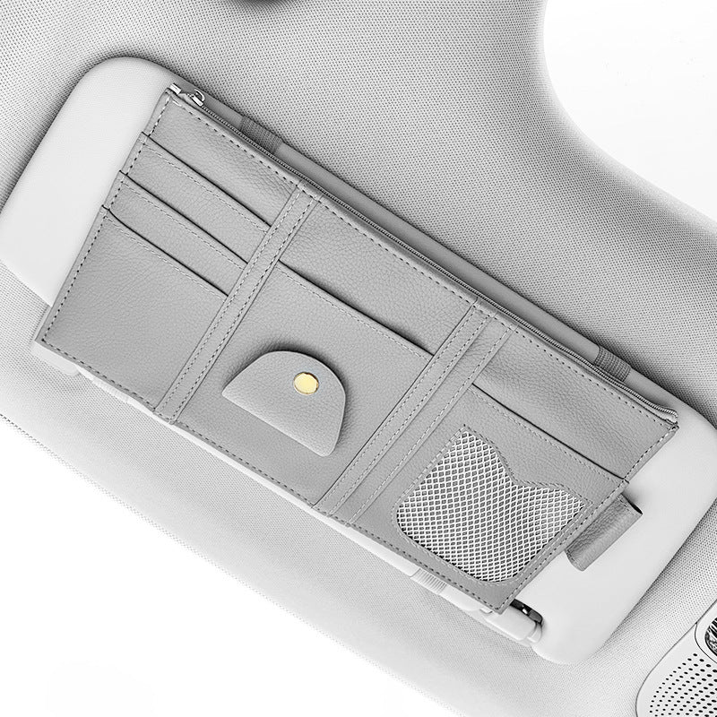 Organizator Parasolar Auto din Piele – Depozitare Acte, Ochelari și Accesorii